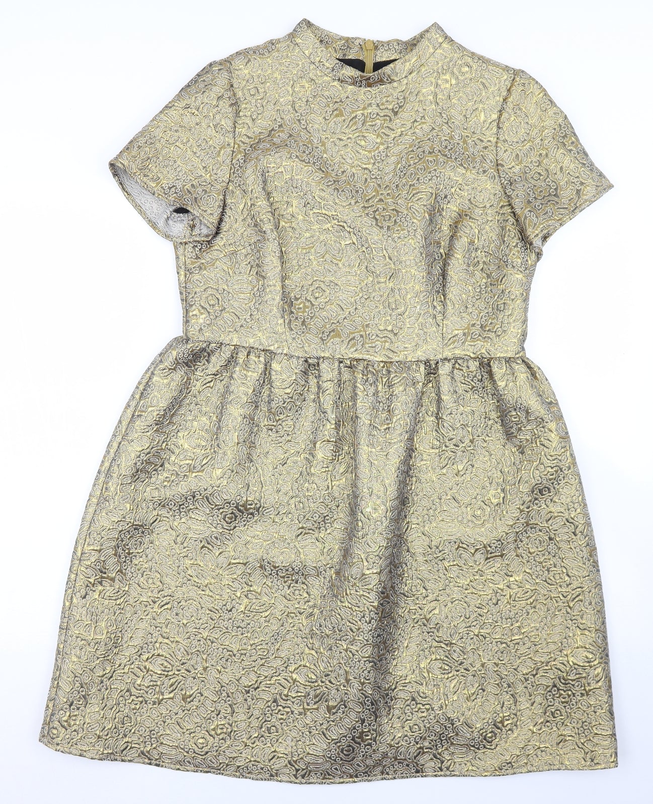 Marks and Spencer Womens Gold Paisley Cotton Skater Dress  Size 14  Crew Neck Zip