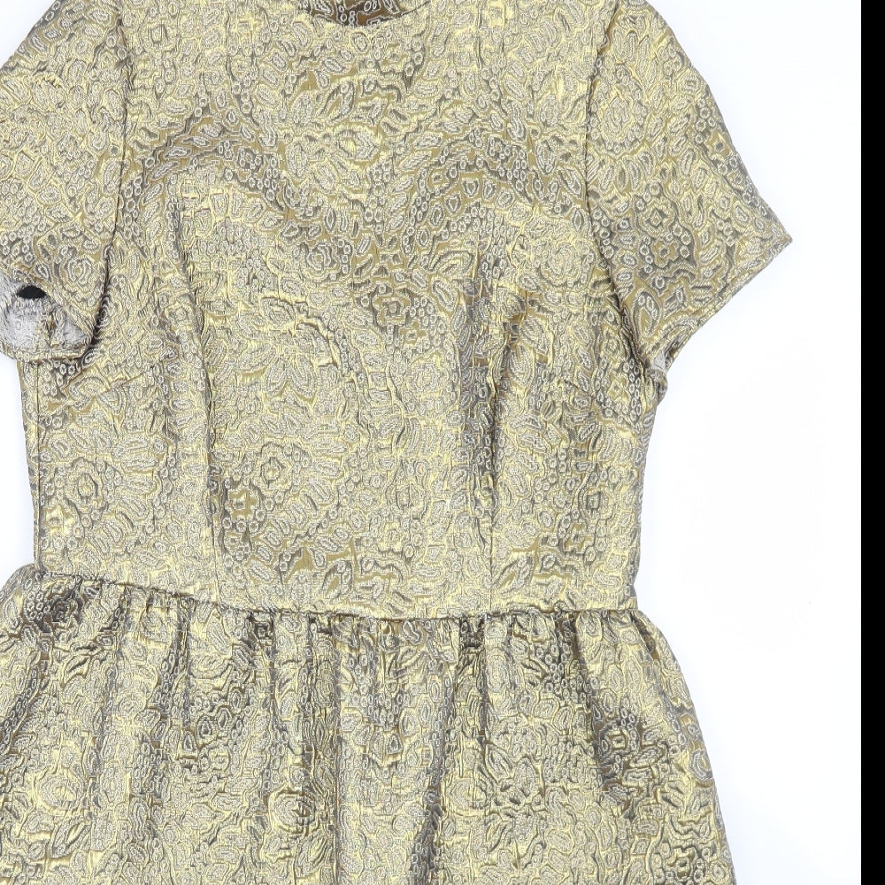 Marks and Spencer Womens Gold Paisley Cotton Skater Dress  Size 14  Crew Neck Zip