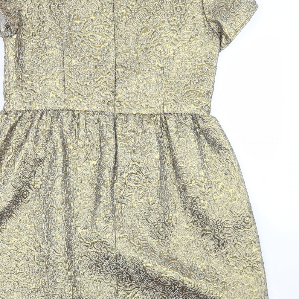 Marks and Spencer Womens Gold Paisley Cotton Skater Dress  Size 14  Crew Neck Zip