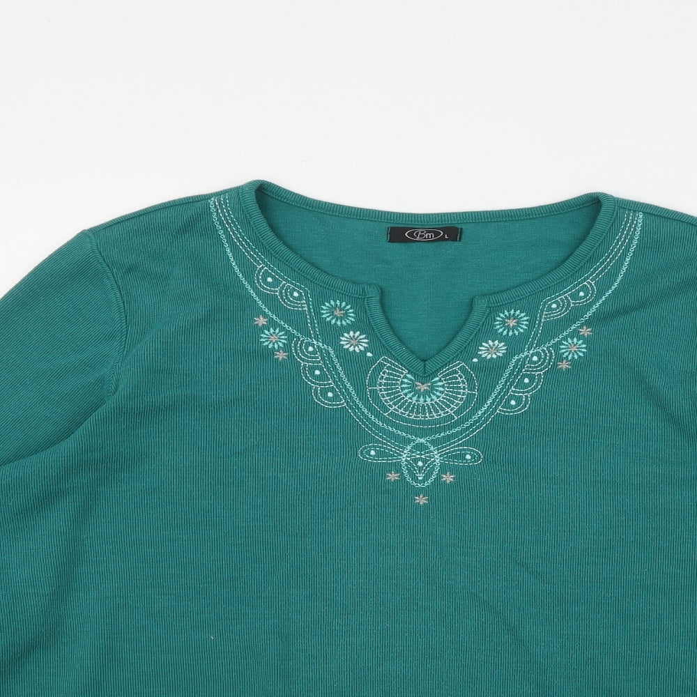 BM Womens Green  Polyester Basic T-Shirt Size L V-Neck