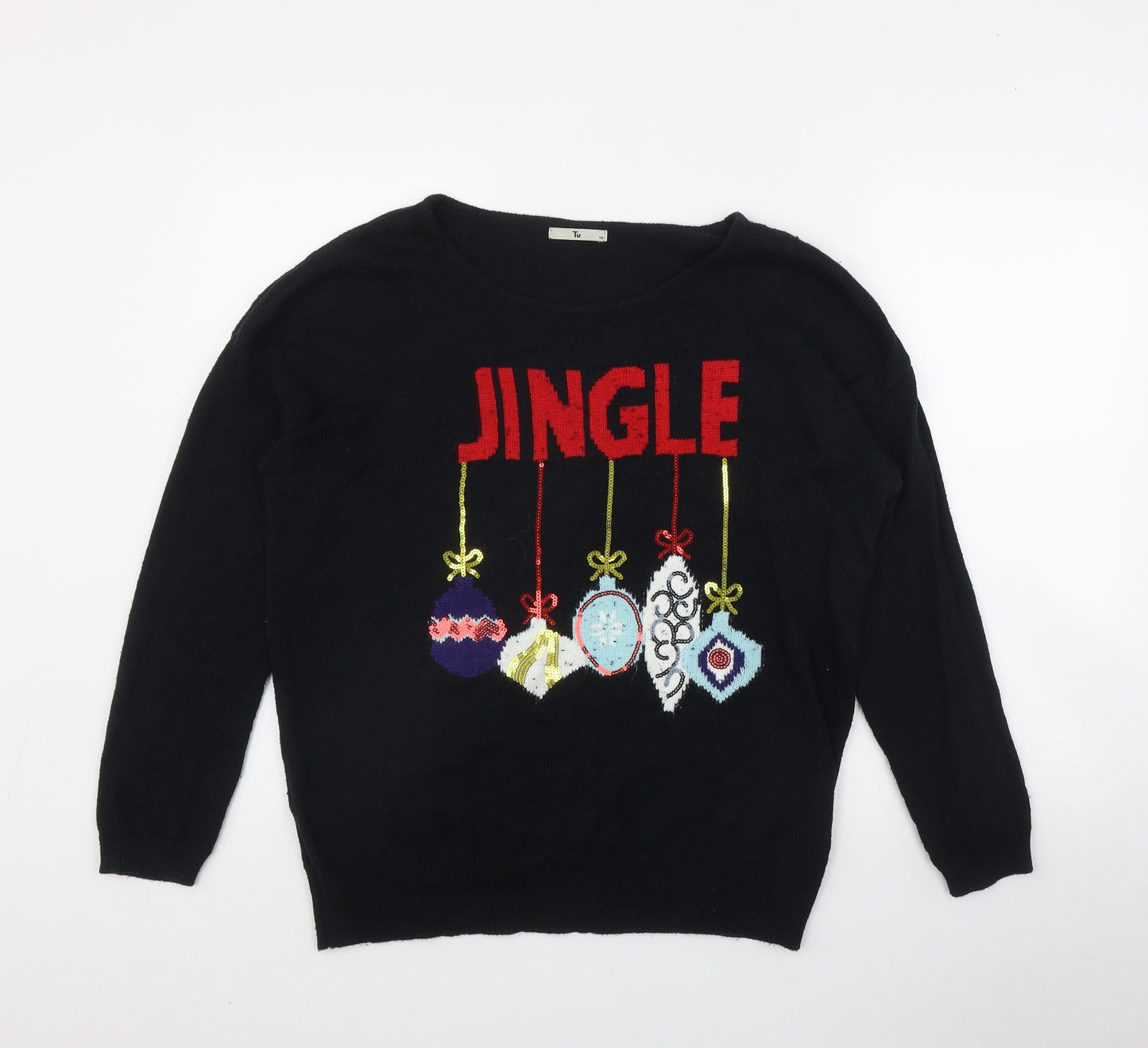 TU Womens Black Round Neck  Cotton Pullover Jumper Size 16   - Christmas