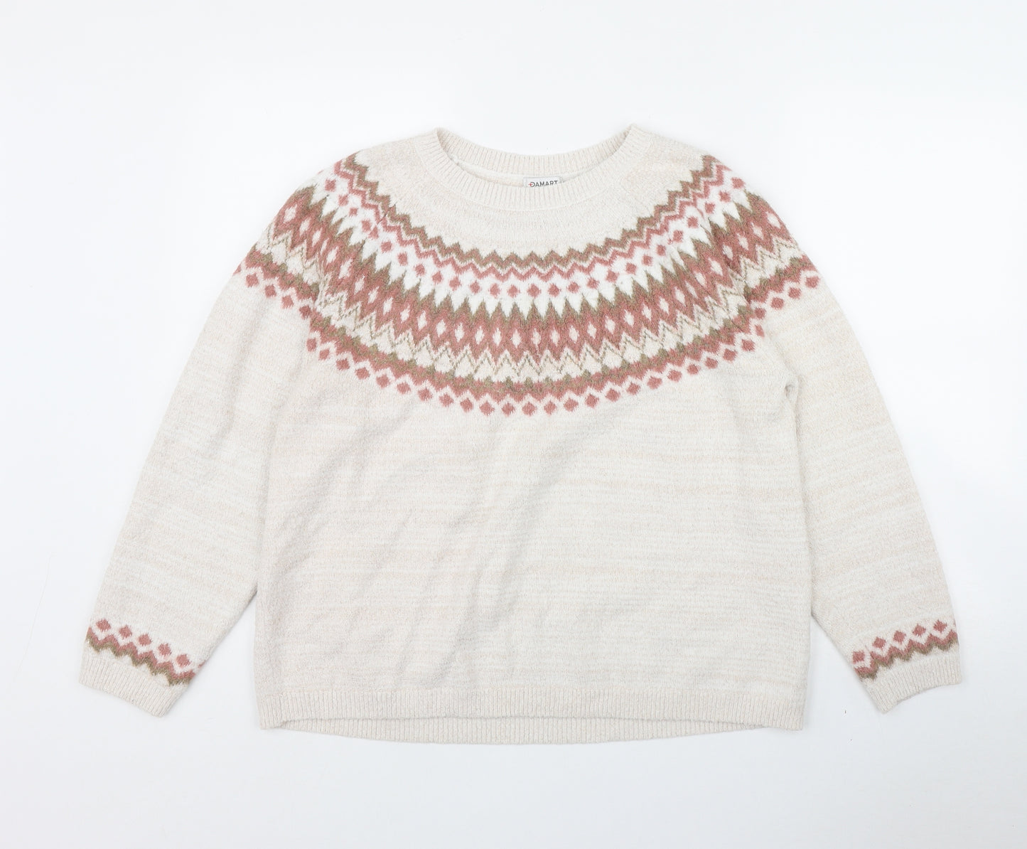 Damart Womens Beige Round Neck Fair Isle Acrylic Pullover Jumper Size L