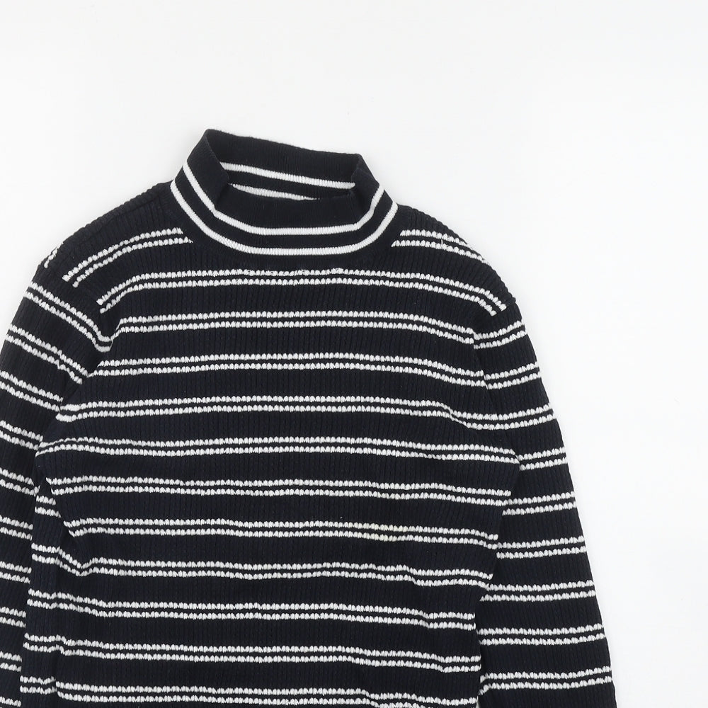 Savida Womens Blue Mock Neck Striped Cotton Pullover Jumper Size L