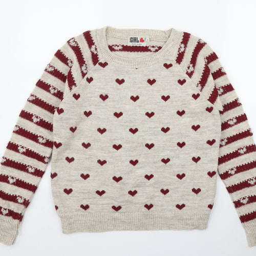 River Island Womens Beige Round Neck Geometric Acrylic Pullover Jumper Size 14   - Heart Print
