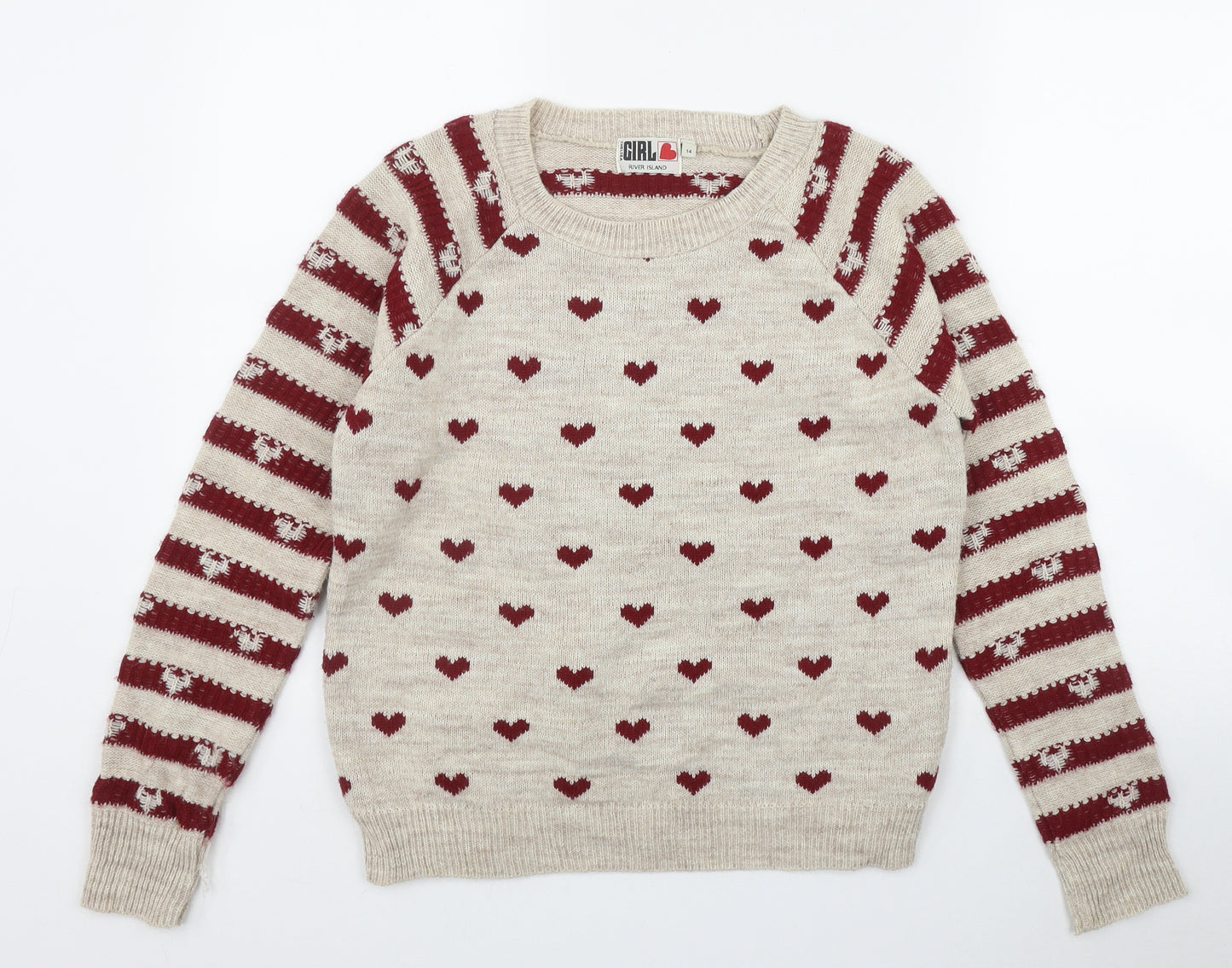 River Island Womens Beige Round Neck Geometric Acrylic Pullover Jumper Size 14   - Heart Print
