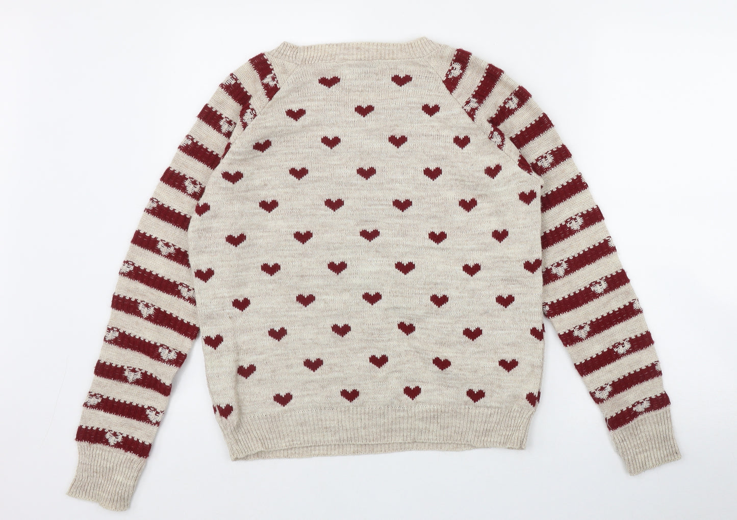 River Island Womens Beige Round Neck Geometric Acrylic Pullover Jumper Size 14   - Heart Print