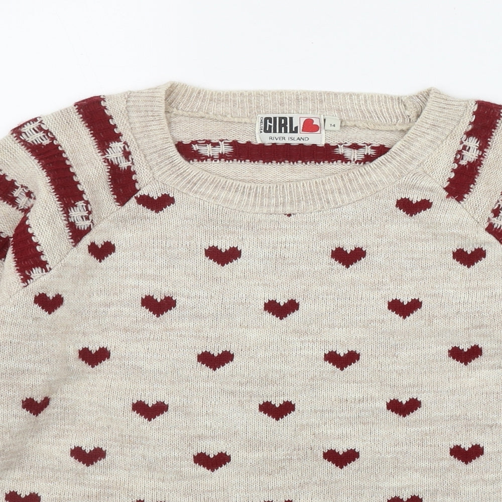 River Island Womens Beige Round Neck Geometric Acrylic Pullover Jumper Size 14   - Heart Print