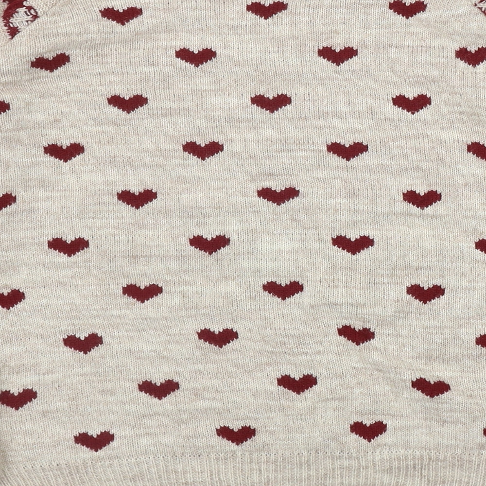 River Island Womens Beige Round Neck Geometric Acrylic Pullover Jumper Size 14   - Heart Print