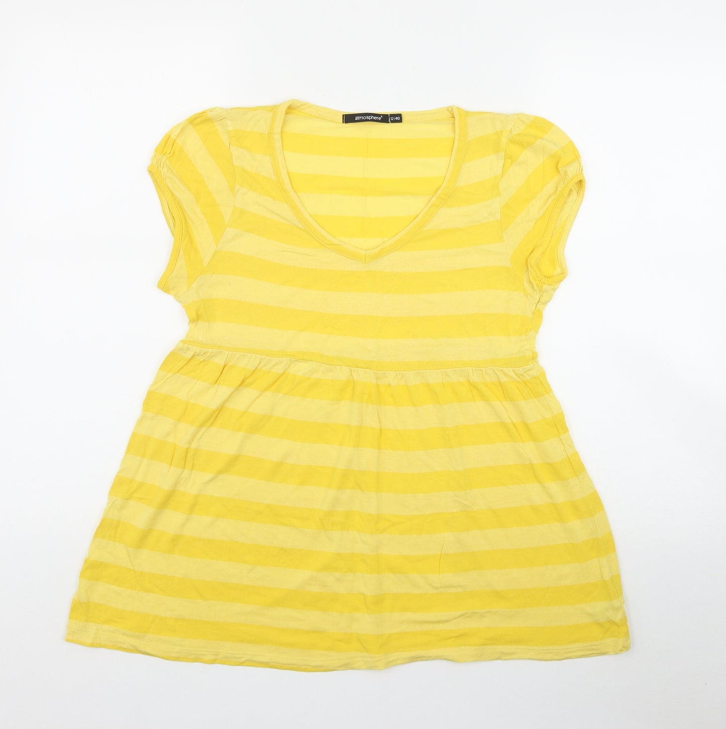 Atmosphere Womens Yellow Striped Viscose Basic T-Shirt Size 12 V-Neck