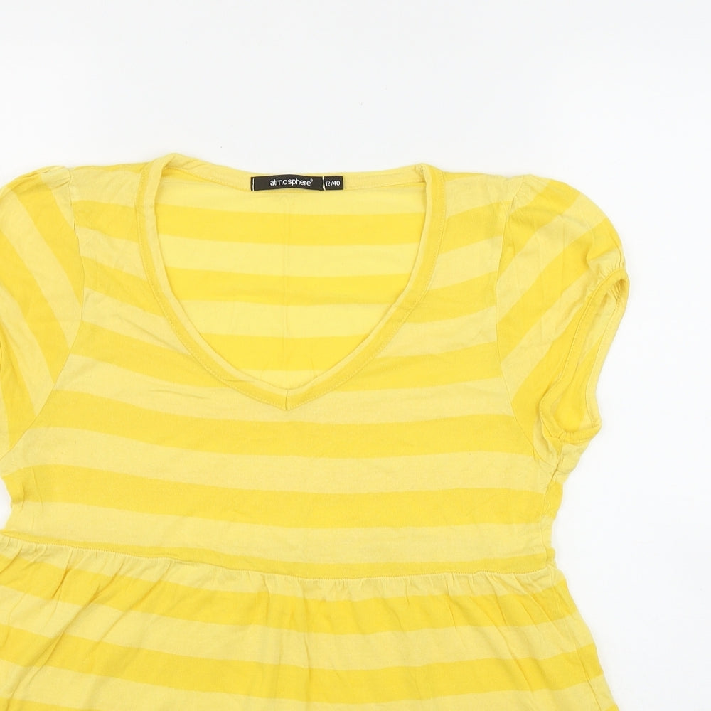 Atmosphere Womens Yellow Striped Viscose Basic T-Shirt Size 12 V-Neck