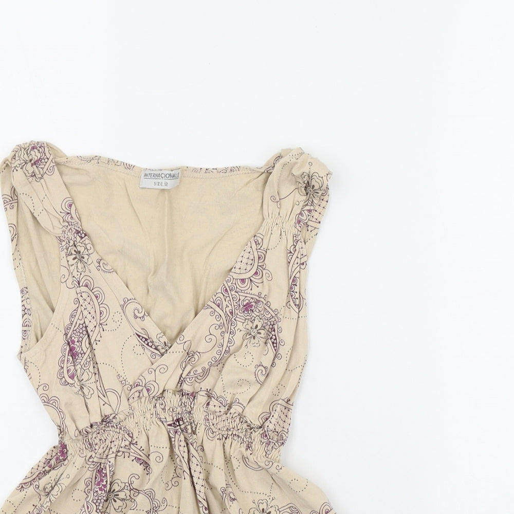 Internationale Womens Beige Geometric Viscose Camisole Tank Size 12 V-Neck
