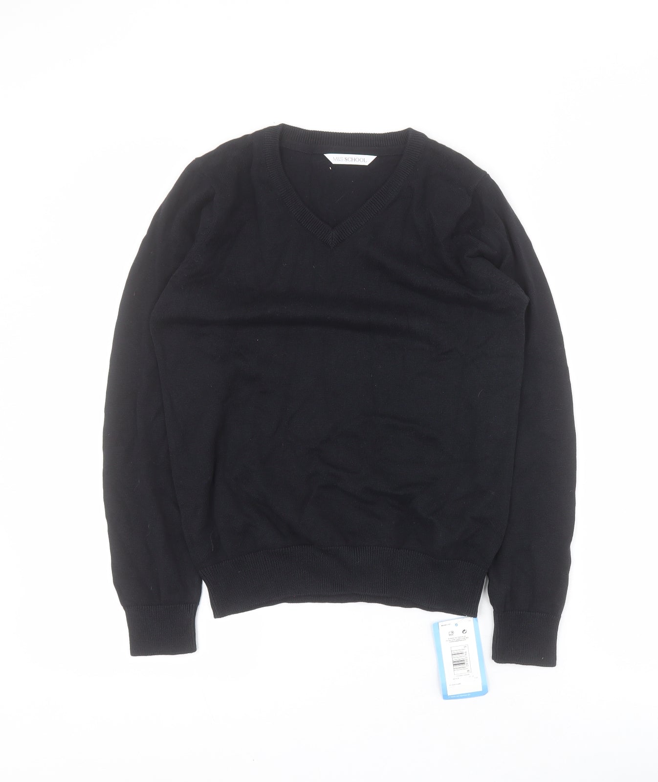 Marks and Spencer Boys Black V-Neck  100% Cotton Pullover Jumper Size 11-12 Years  Pullover - School