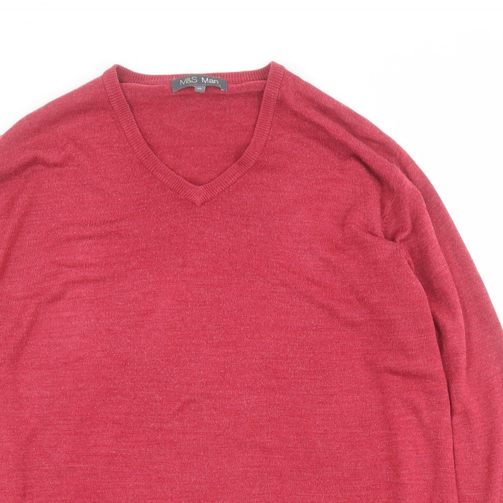 Marks and Spencer Mens Red V-Neck  Acrylic Henley Jumper Size XL