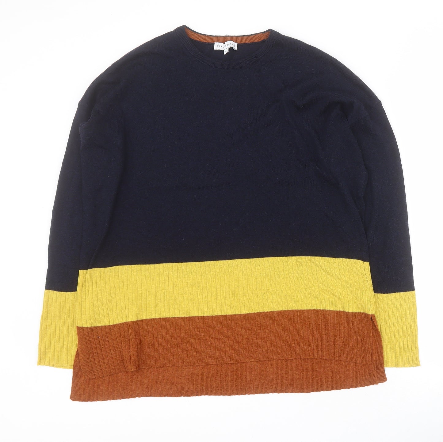 Warehouse Womens Blue Round Neck Striped Polyester Pullover Jumper Size 12