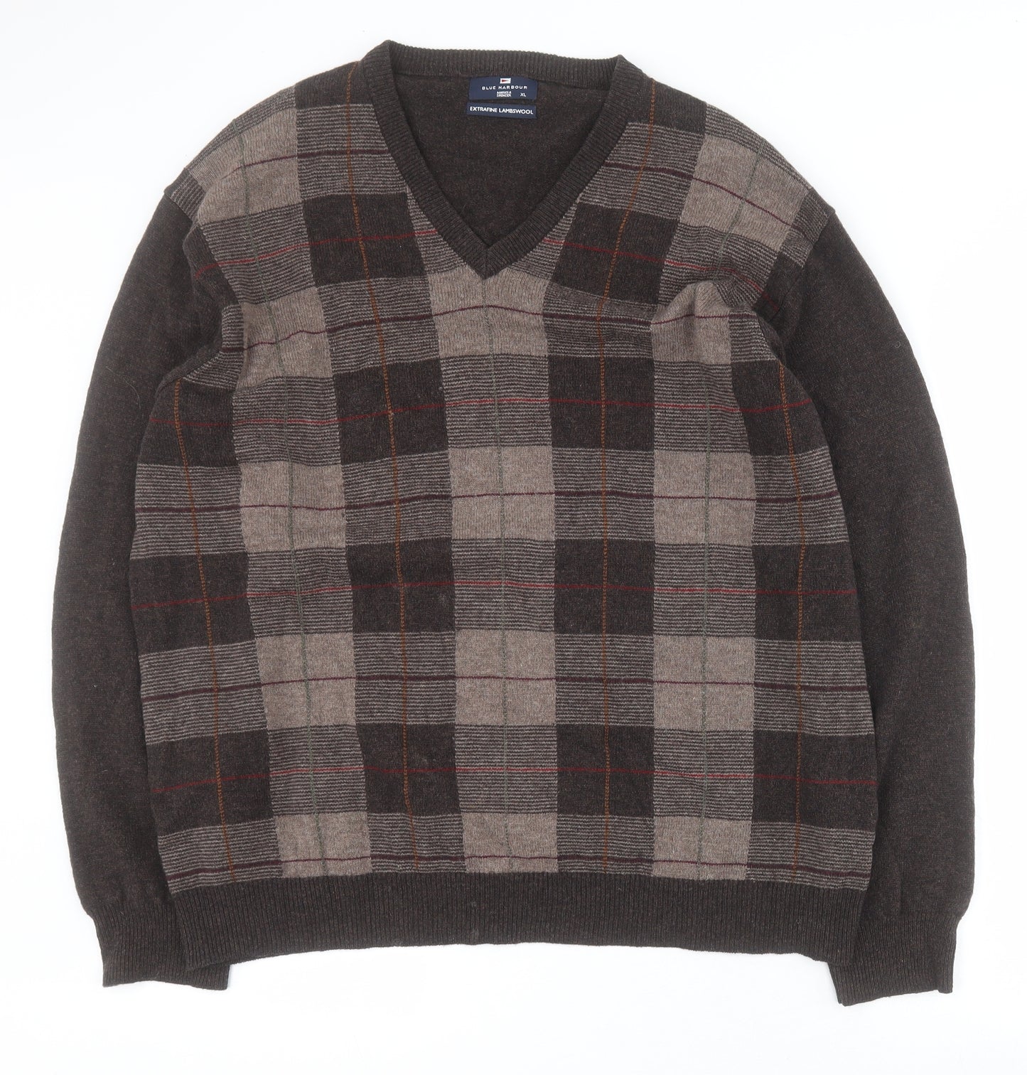 Marks and Spencer Mens Brown V-Neck Plaid Wool Pullover Jumper Size XL