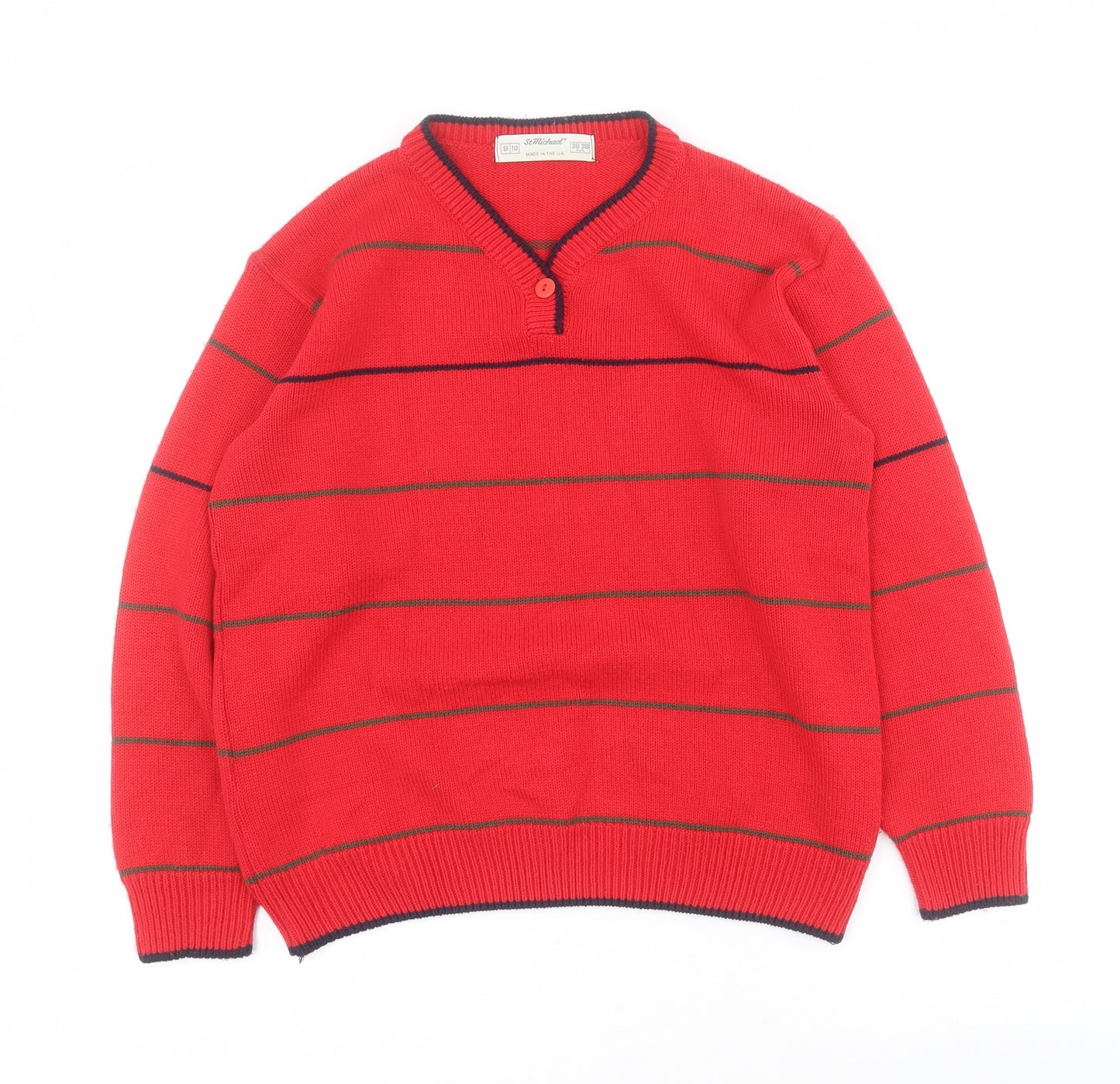St Michael Womens Red V-Neck Striped Acrylic Pullover Jumper Size 8