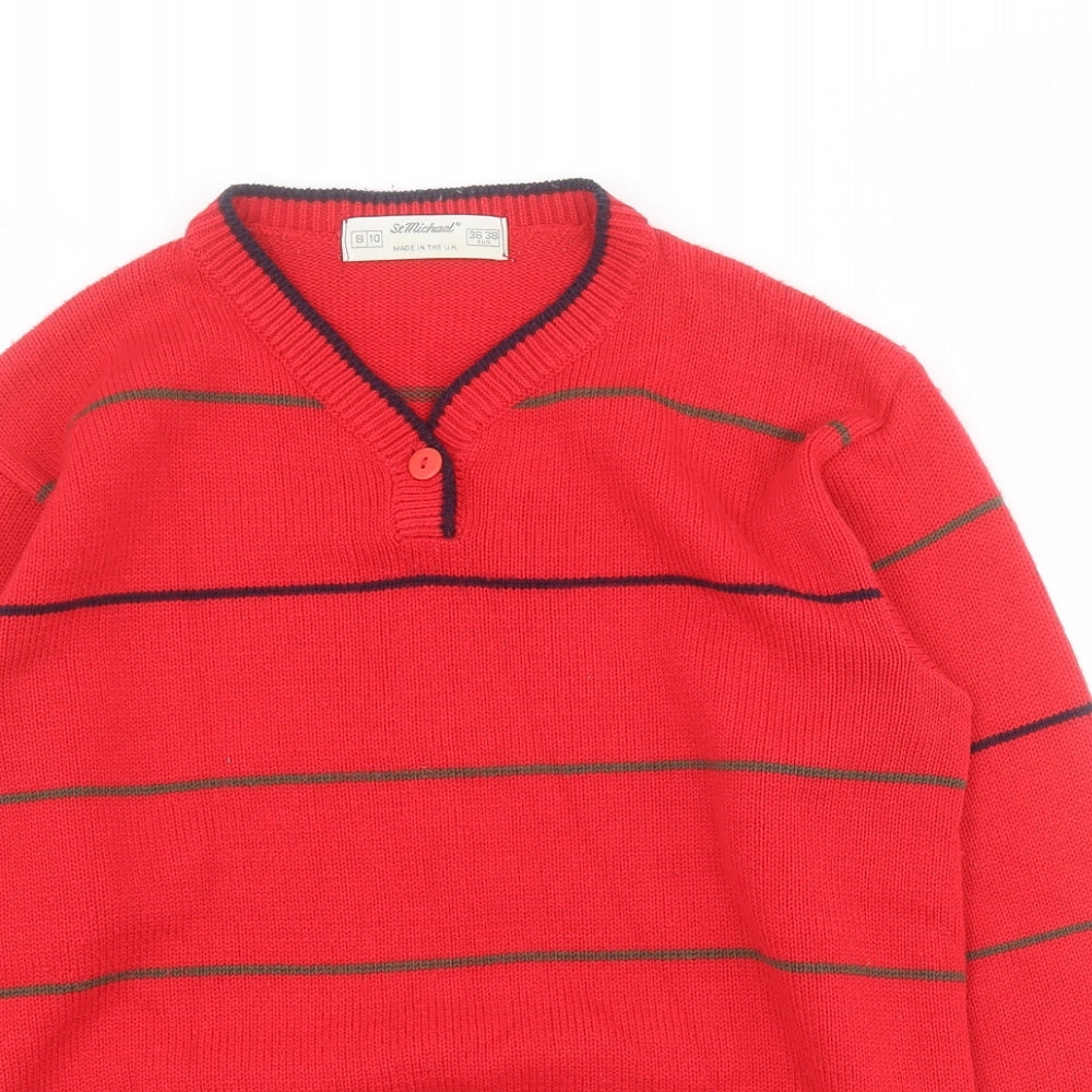 St Michael Womens Red V-Neck Striped Acrylic Pullover Jumper Size 8