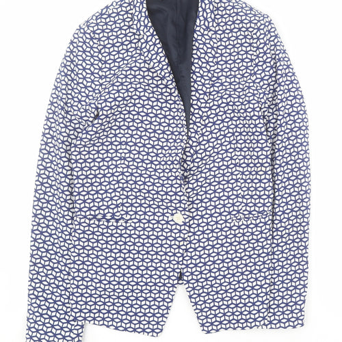 Spirit Womens Blue Geometric  Jacket Blazer Size 12  Button