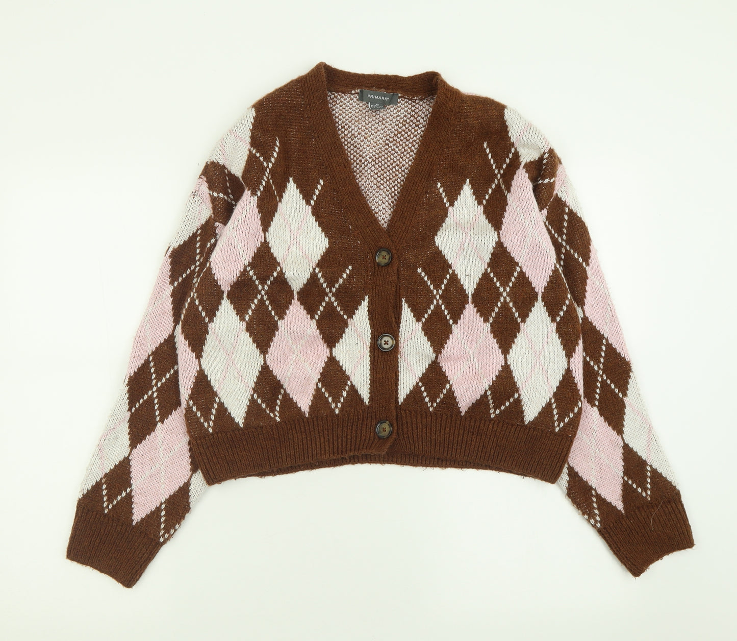 Primark Womens Brown V-Neck Argyle/Diamond Acrylic Cardigan Jumper Size XS