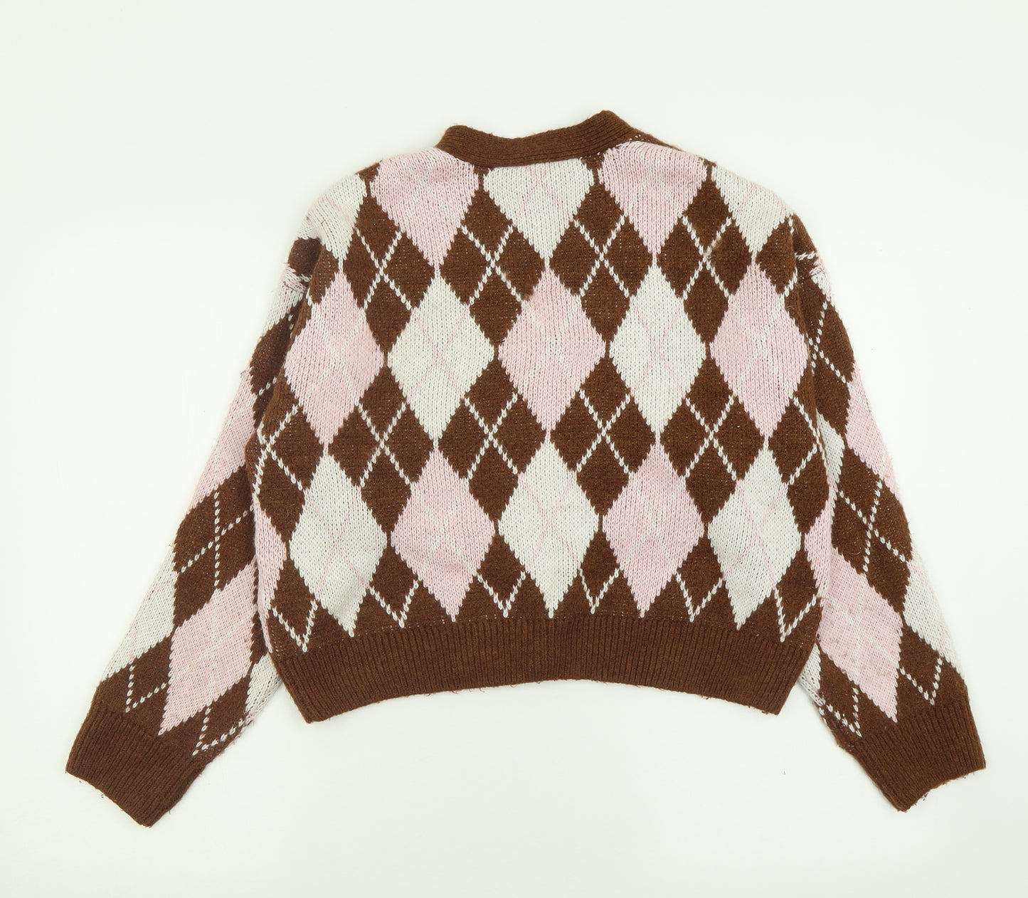 Primark Womens Brown V-Neck Argyle/Diamond Acrylic Cardigan Jumper Size XS