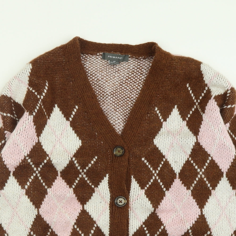 Primark Womens Brown V-Neck Argyle/Diamond Acrylic Cardigan Jumper Size XS