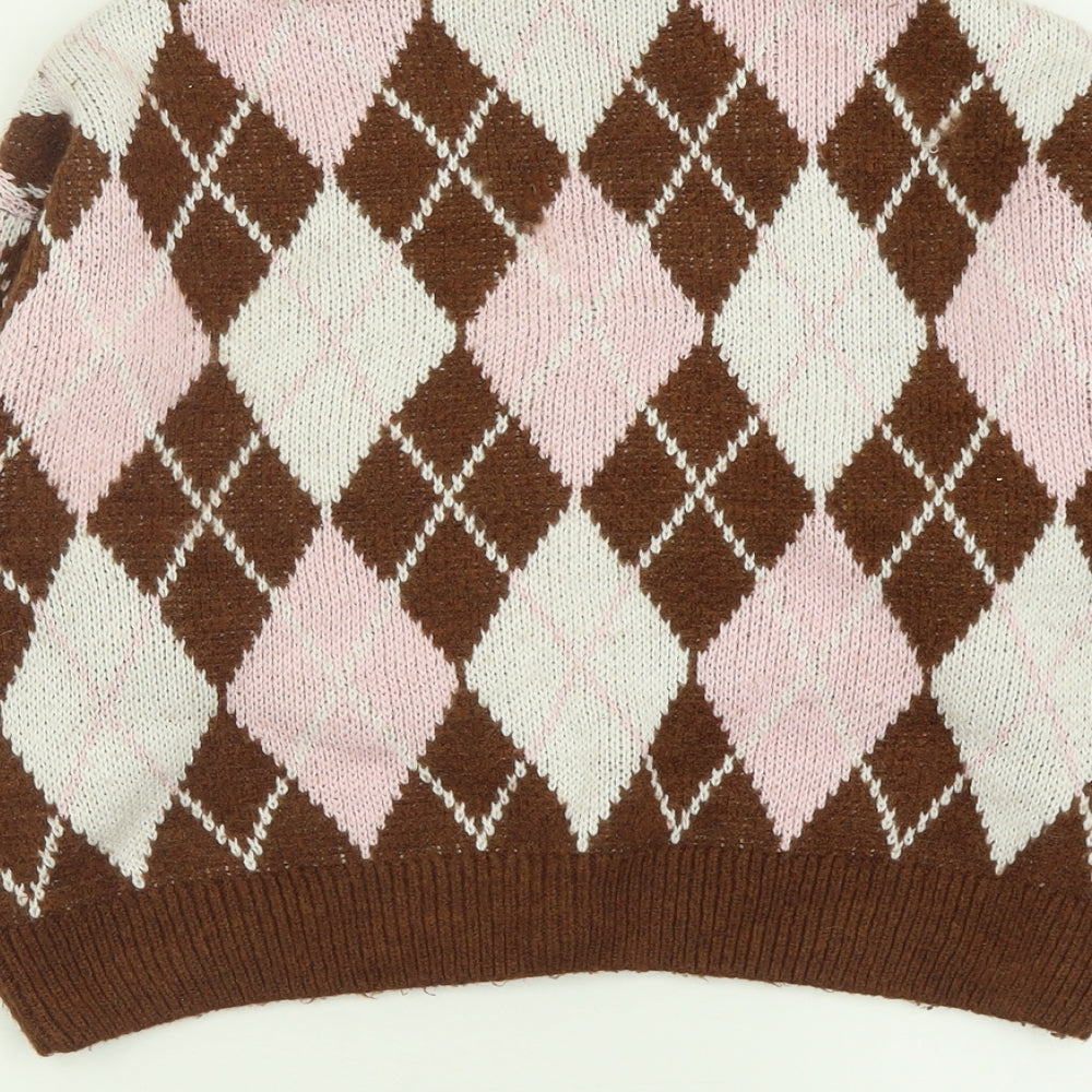 Primark Womens Brown V-Neck Argyle/Diamond Acrylic Cardigan Jumper Size XS