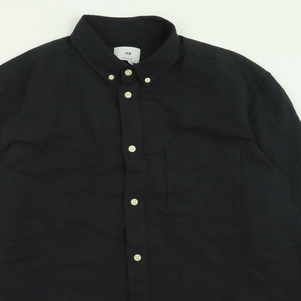 H&M Mens Black  Cotton  Button-Up Size L Collared Button