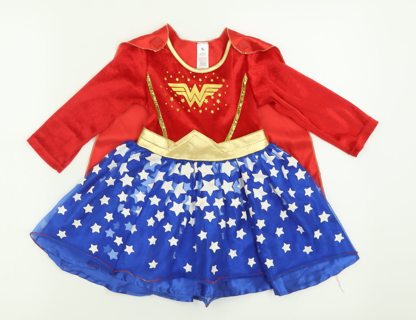 TU Girls Red Geometric Polyester A-Line  Size 3-4 Years  Crew Neck Hook & Loop - Wonder Woman Fancy Dress