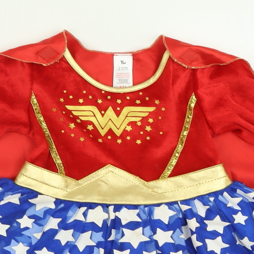 TU Girls Red Geometric Polyester A-Line  Size 3-4 Years  Crew Neck Hook & Loop - Wonder Woman Fancy Dress