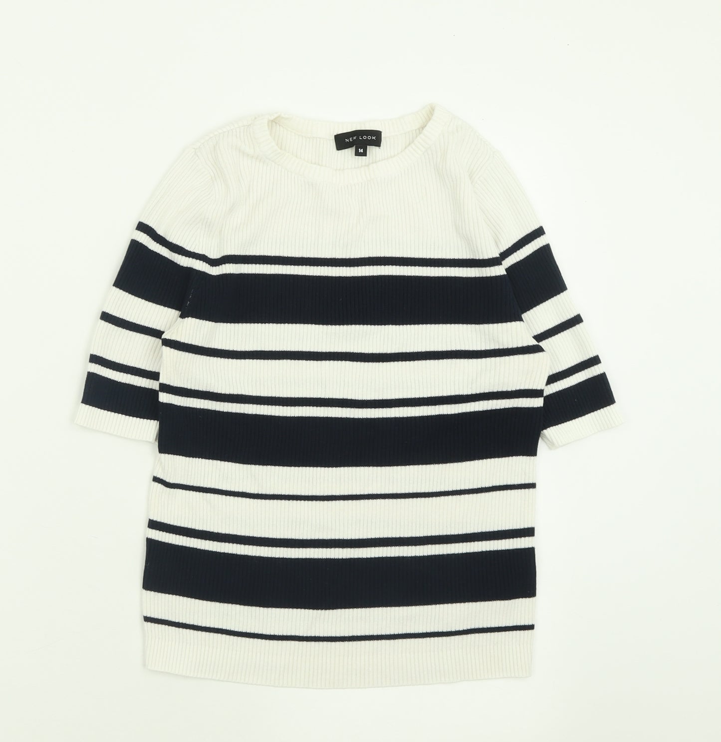 New Look Womens White Striped Viscose Basic T-Shirt Size 14 Crew Neck