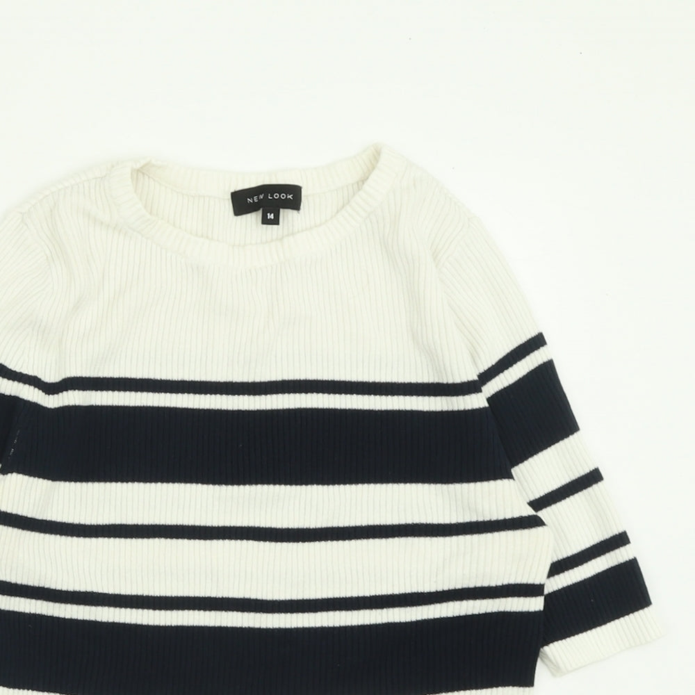 New Look Womens White Striped Viscose Basic T-Shirt Size 14 Crew Neck