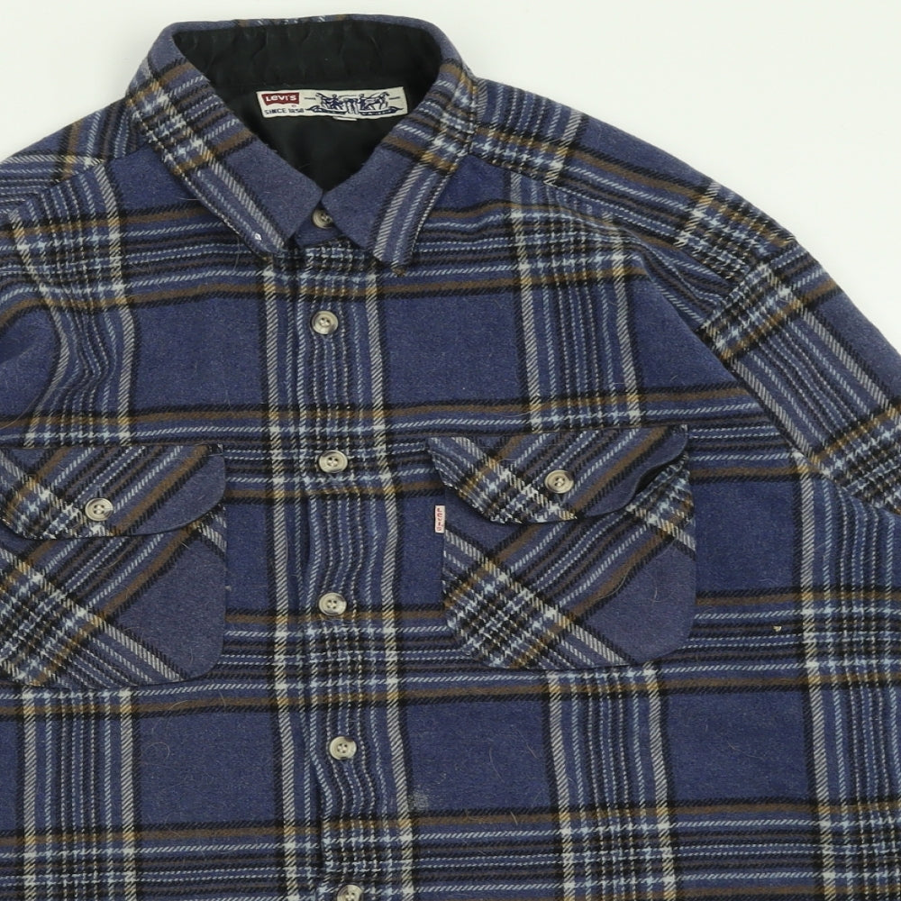 Signature by Levi Strauss & Co. Mens Blue Check Wool  Button-Up Size L Collared Button