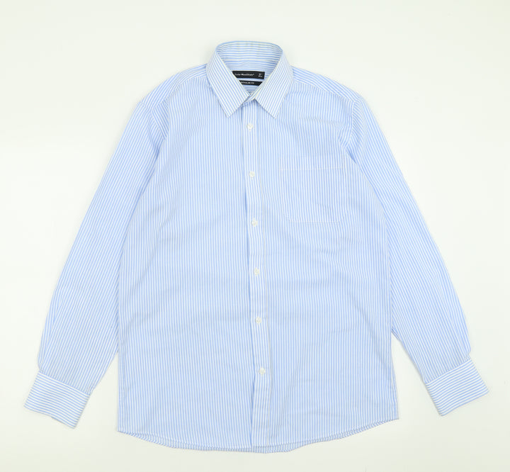Cedar Wood State Mens Blue Striped Cotton  Button-Up Size 15 Collared Button
