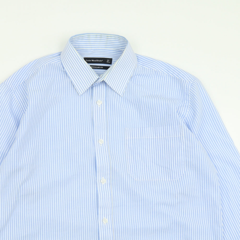 Cedar Wood State Mens Blue Striped Cotton  Button-Up Size 15 Collared Button