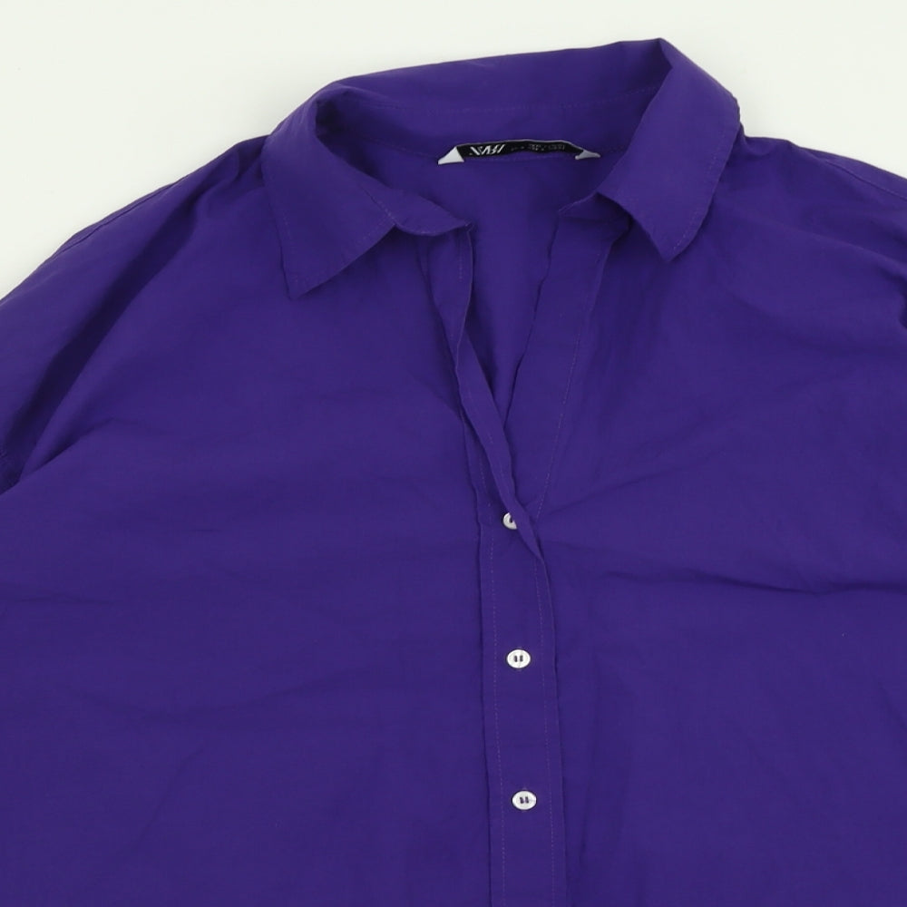 Zara Womens Purple  Cotton Basic Button-Up Size M V-Neck