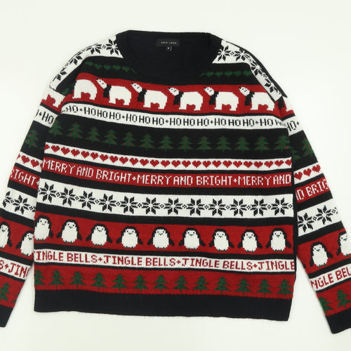New Look Womens Red Crew Neck Geometric Acrylic Pullover Jumper Size 8   - Christmas  Jumper