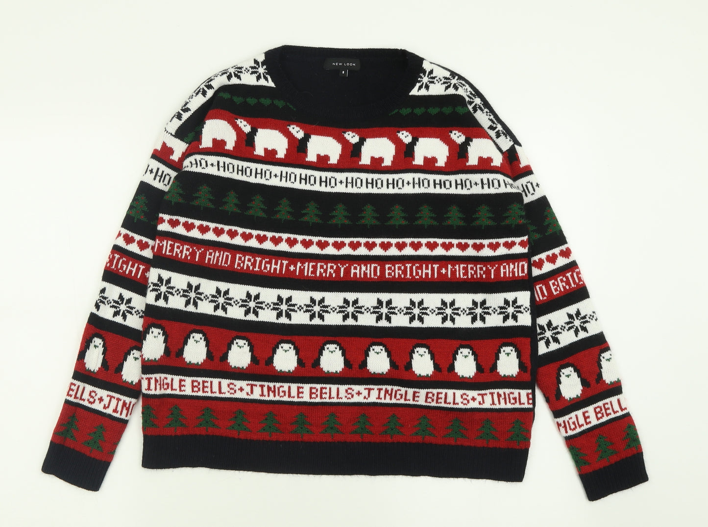 New Look Womens Red Crew Neck Geometric Acrylic Pullover Jumper Size 8   - Christmas  Jumper