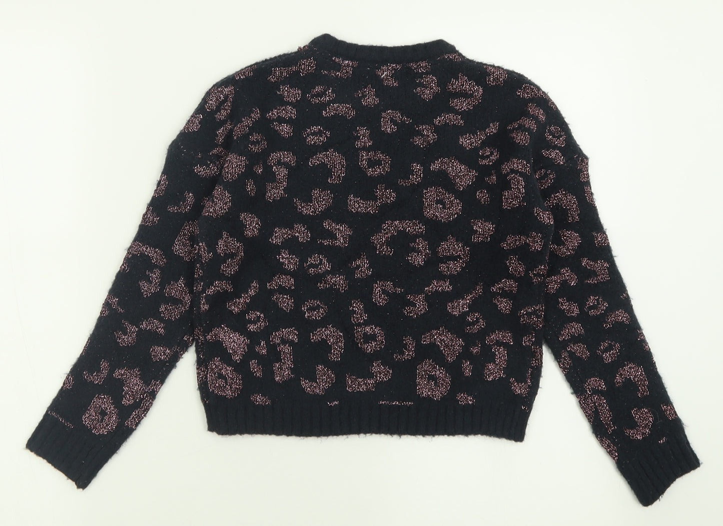 Primark Girls Black Crew Neck Animal Print Acrylic Pullover Jumper Size 8-9 Years  Pullover