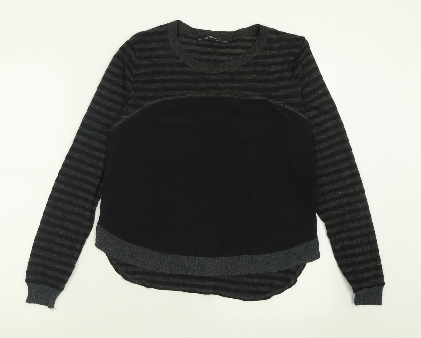 Zara Womens Black Crew Neck Striped Acrylic Pullover Jumper Size L