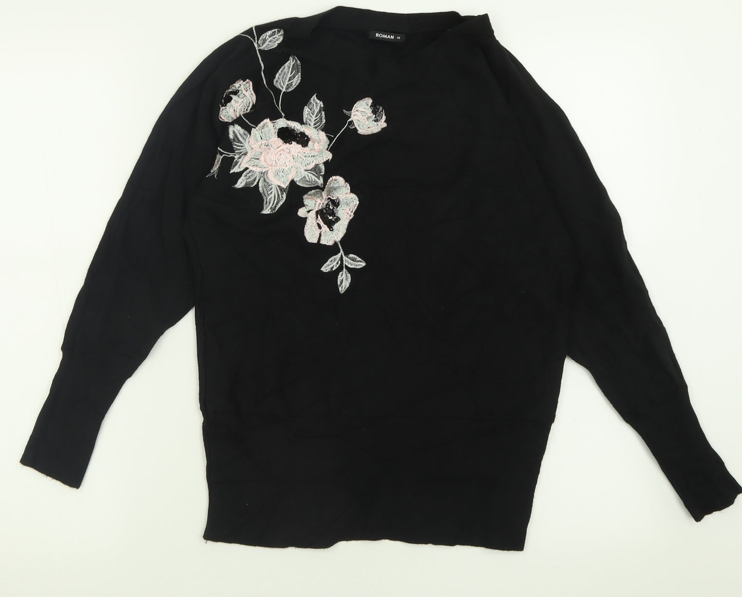 Rohan Womens Black Crew Neck Floral Viscose Pullover Jumper Size 10