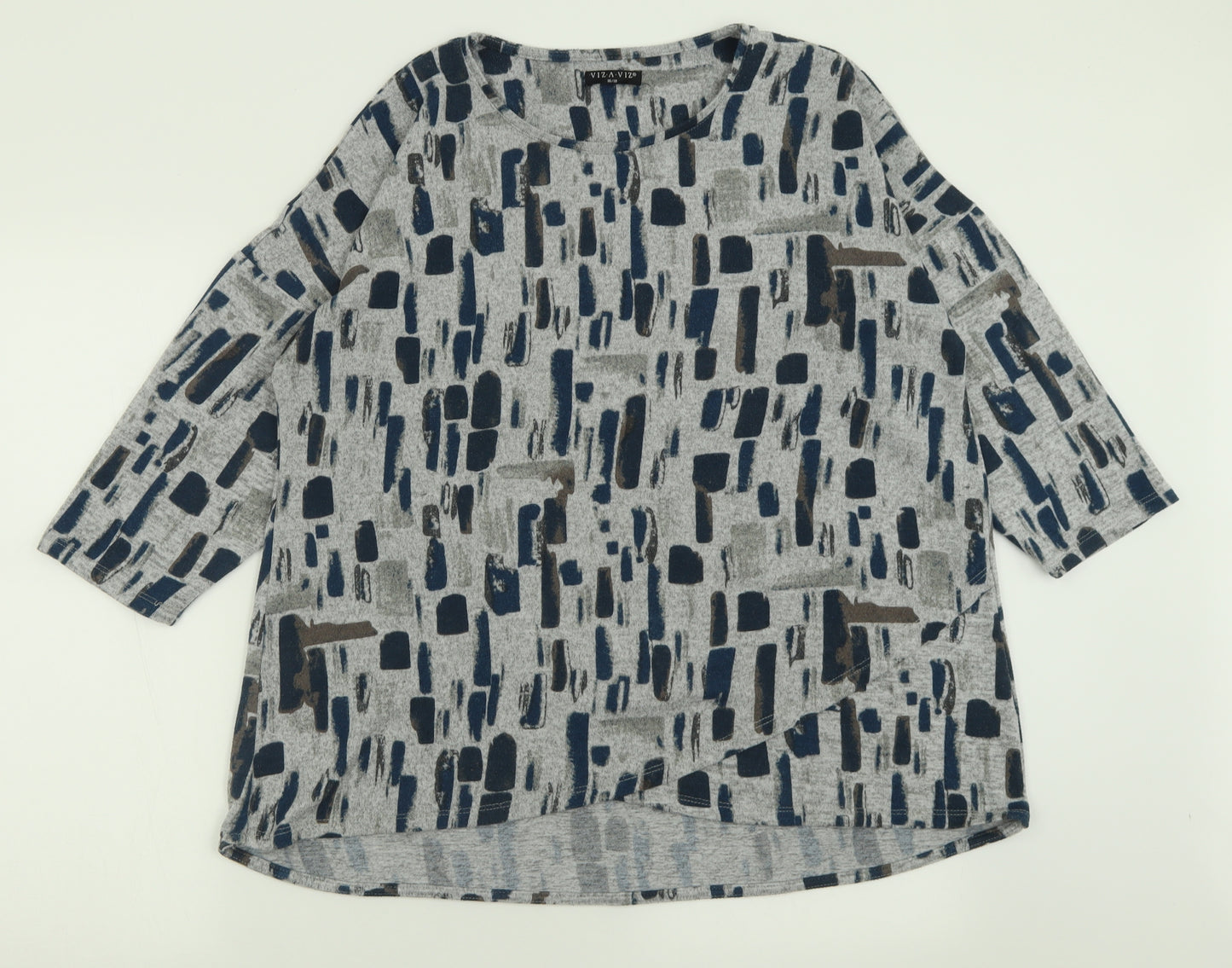 Viz A Viz Womens Grey Geometric Polyester Basic T-Shirt Size 16 Crew Neck