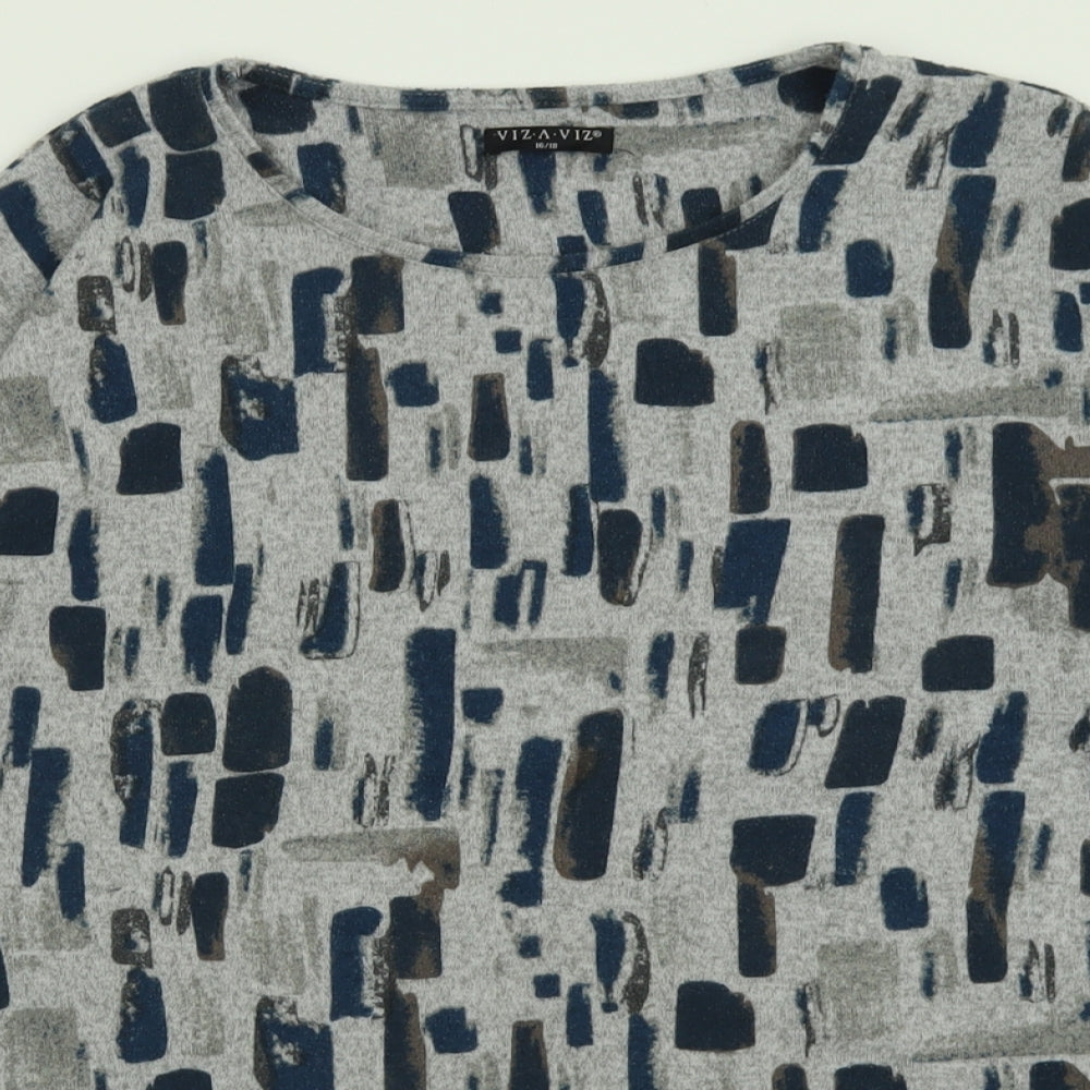 Viz A Viz Womens Grey Geometric Polyester Basic T-Shirt Size 16 Crew Neck