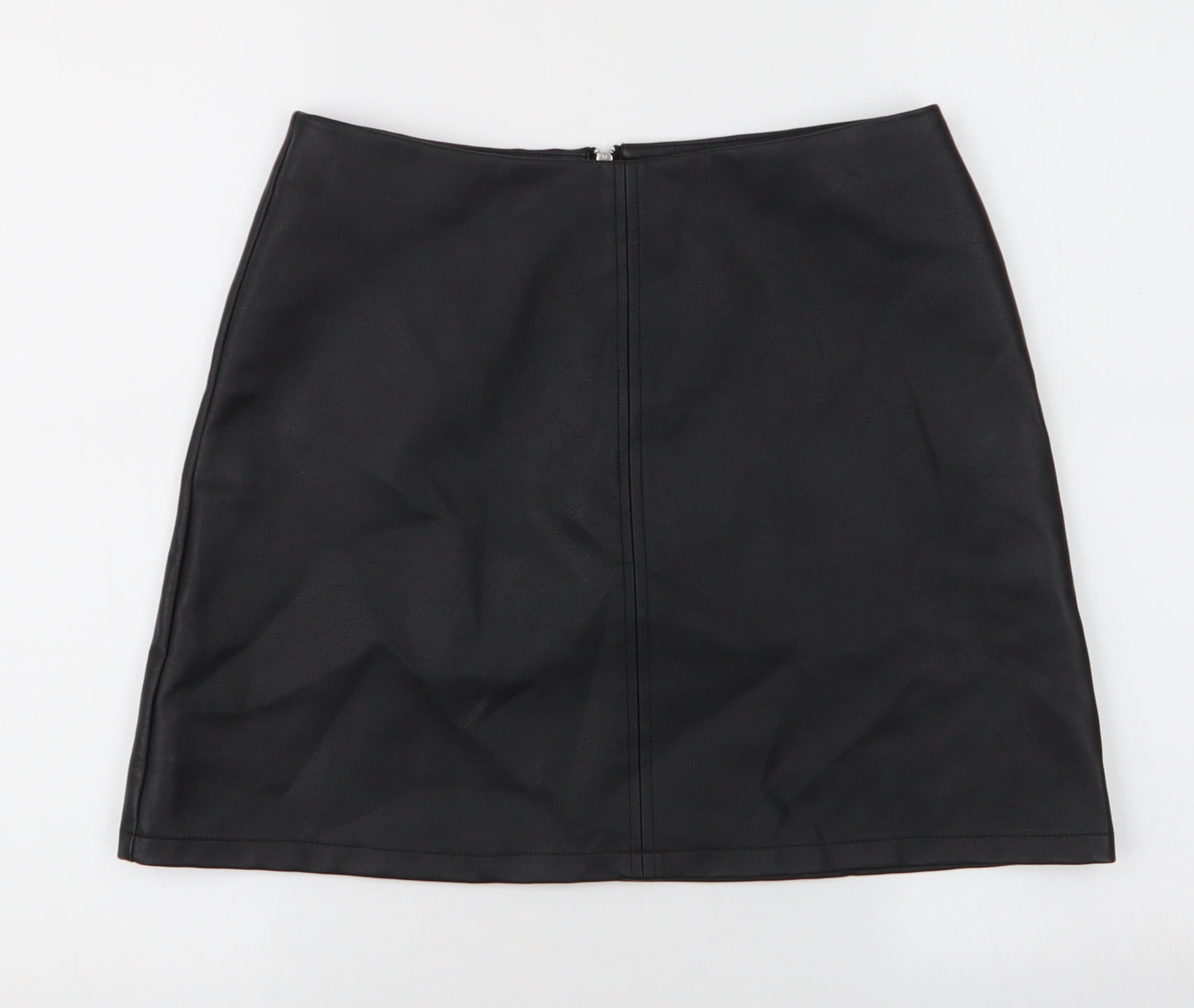 Primark Womens Black  Polyester A-Line Skirt Size 12   Zip - Faux leather