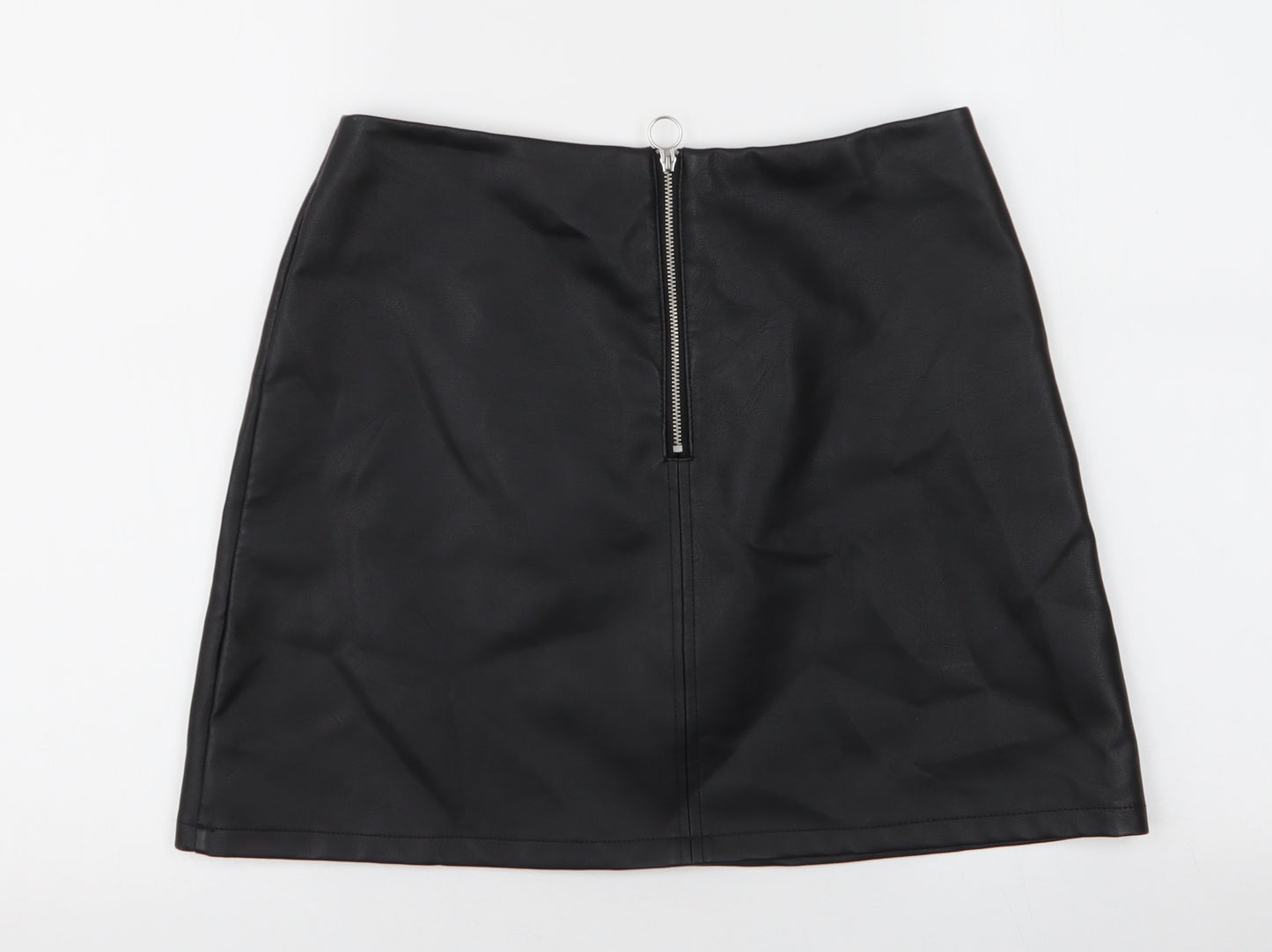 Primark Womens Black  Polyester A-Line Skirt Size 12   Zip - Faux leather