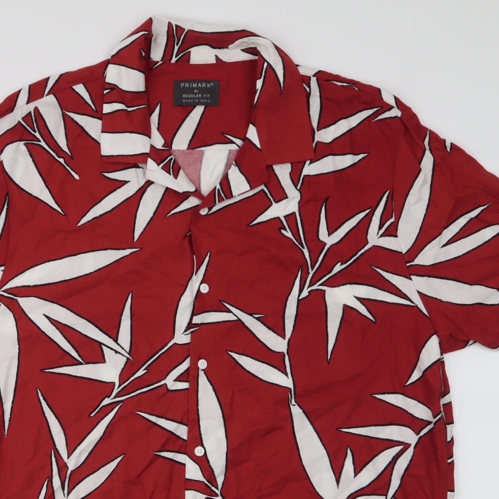 Primark Mens Orange Floral Polyester  Button-Up Size XL Collared Button