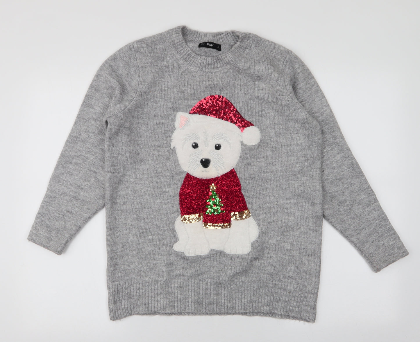 F&F Womens Grey Round Neck  Polyester Pullover Jumper Size 10   - Christmas dog