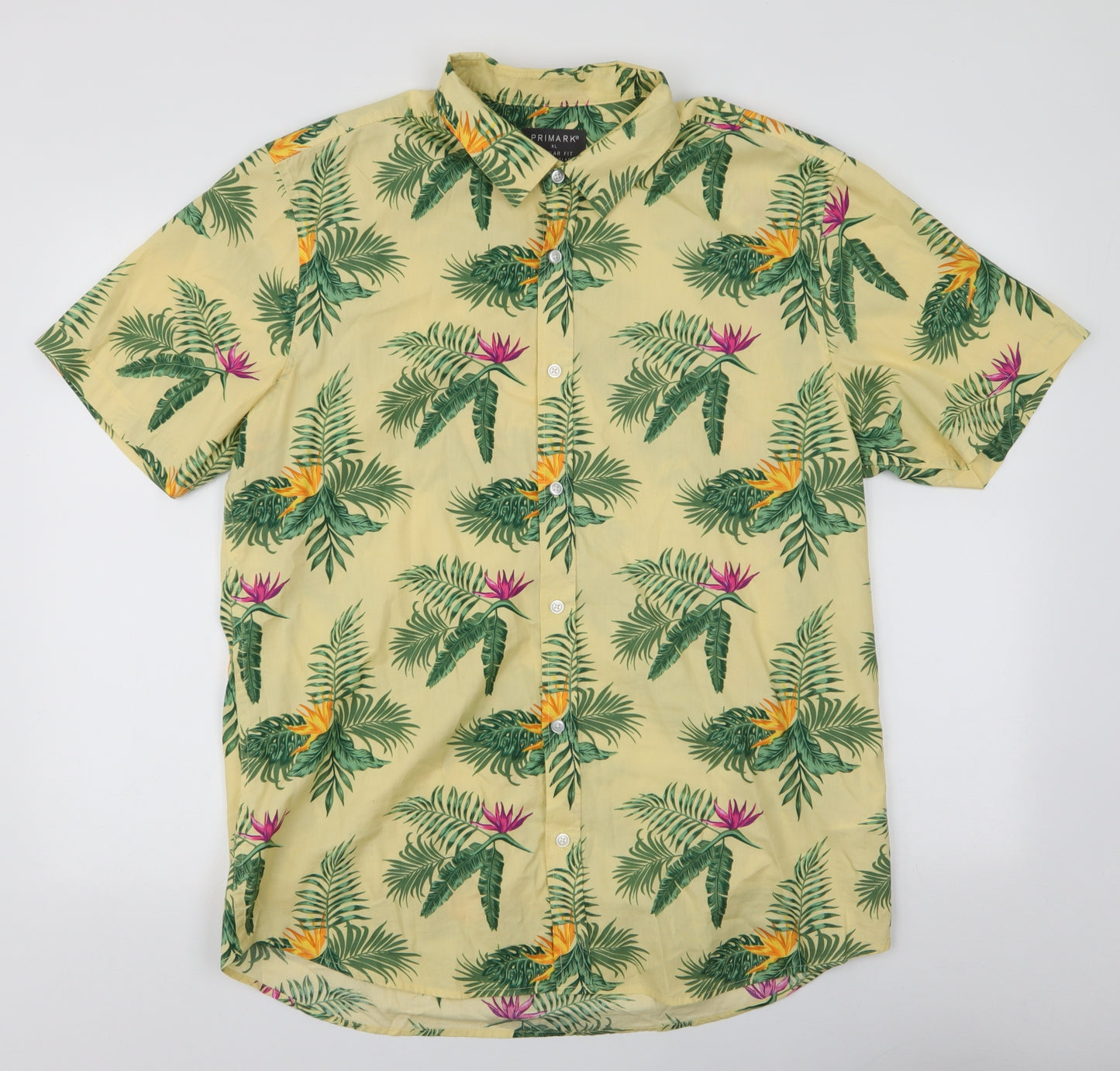 Primark Mens Yellow Floral Cotton  Button-Up Size XL Collared Button