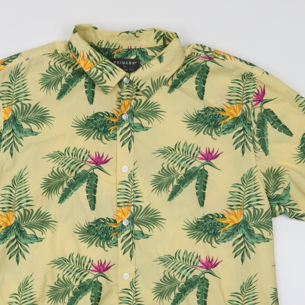 Primark Mens Yellow Floral Cotton  Button-Up Size XL Collared Button