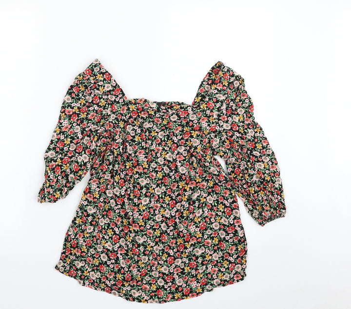 F&F Womens Black Floral Viscose Basic Blouse Size 6 Square Neck