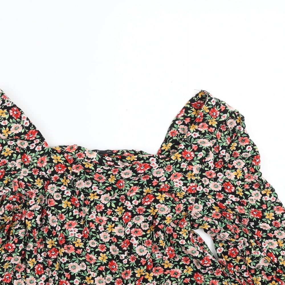 F&F Womens Black Floral Viscose Basic Blouse Size 6 Square Neck